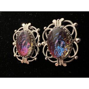 Vintage Whiting & Davis Art Glass Clip On Earrings Silver Tone Signed Colorful